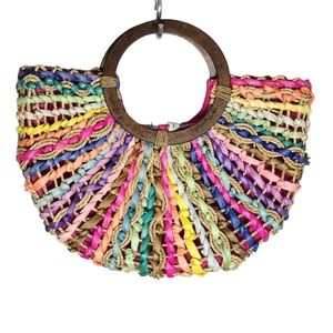 Multicolor Straw Wood Handle Purse Women Handbag.